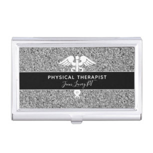 Physical Therapist Silver Glitter Medical Monogram Business Card Case