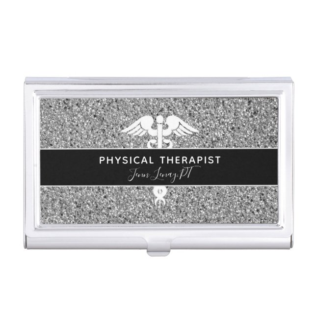Physical Therapist Silver Glitter Medical Monogram Business Card Case (Front)