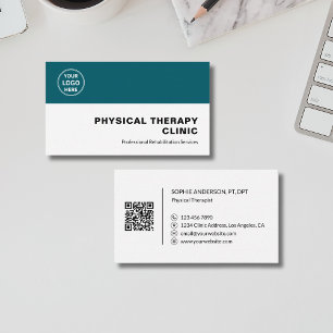 Physical Therapy Clinic Professional Logo QR Teal Business Card