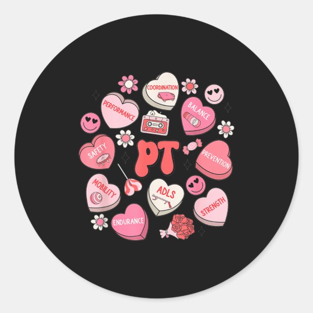 Physical Therapy Groovy Valentine's Day Heart Cand Classic Round Sticker (Front)