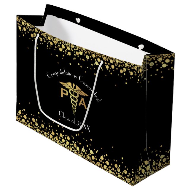 Physician Assistant PA Graduation Black Gold Large Gift Bag (Front Angled)