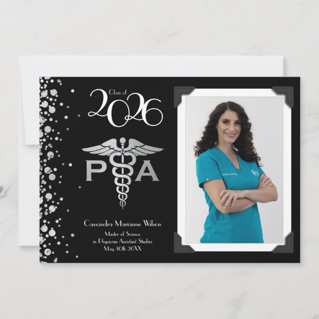 Physician Assistant PA Graduation Black Silver Invitation (Front)