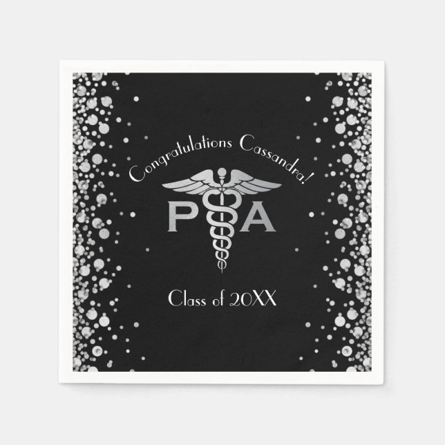 Physician Assistant PA Graduation Black Silver Napkins (Front)