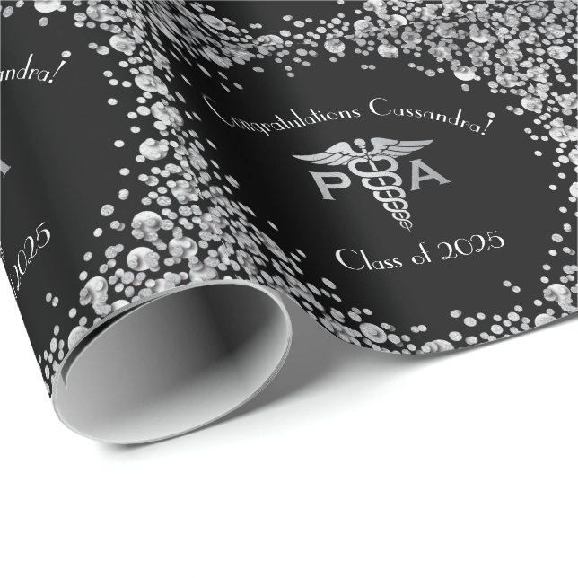 Physician Assistant PA Graduation Black Silver Wrapping Paper (Roll Corner)