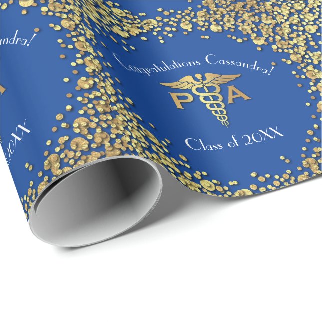 Physician Assistant PA Graduation Blue Gold Wrapping Paper (Roll Corner)