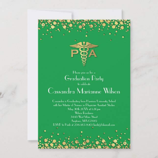 Physician Assistant PA Graduation Green Gold Invitation (Front)