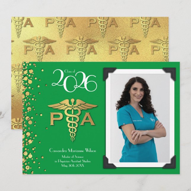 Physician Assistant PA Graduation Green Gold Invitation (Front/Back)