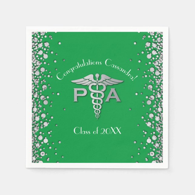 Physician Assistant PA Graduation Green Silver Napkins (Front)