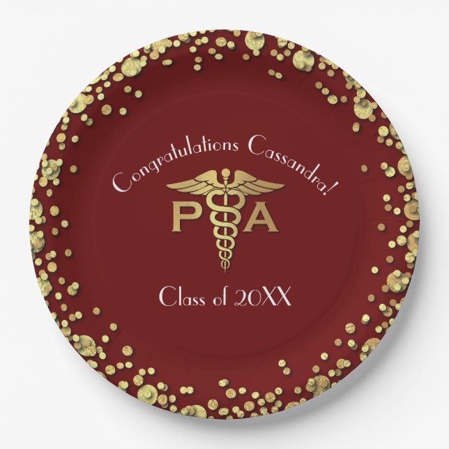 Physician Assistant PA Graduation Maroon Gold Paper Plates (Front)