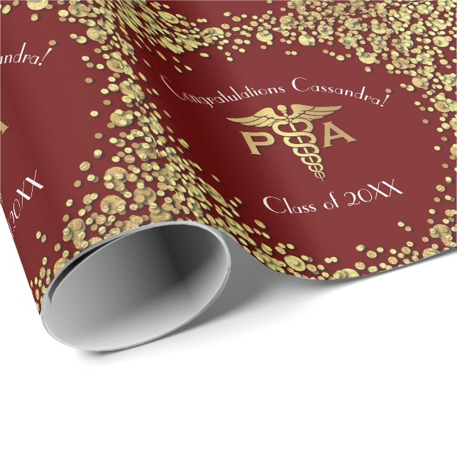 Physician Assistant PA Graduation Maroon Gold Wrapping Paper (Roll Corner)