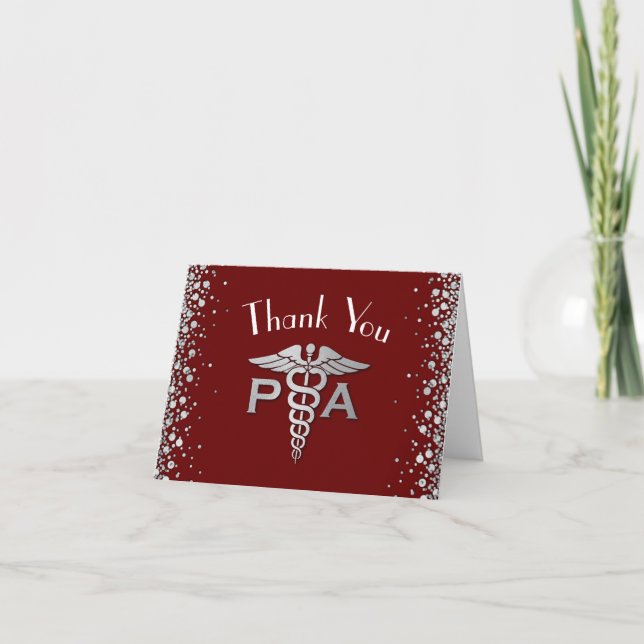 Physician Assistant PA Graduation Maroon Silver Letterpress Thank You Card (Front)