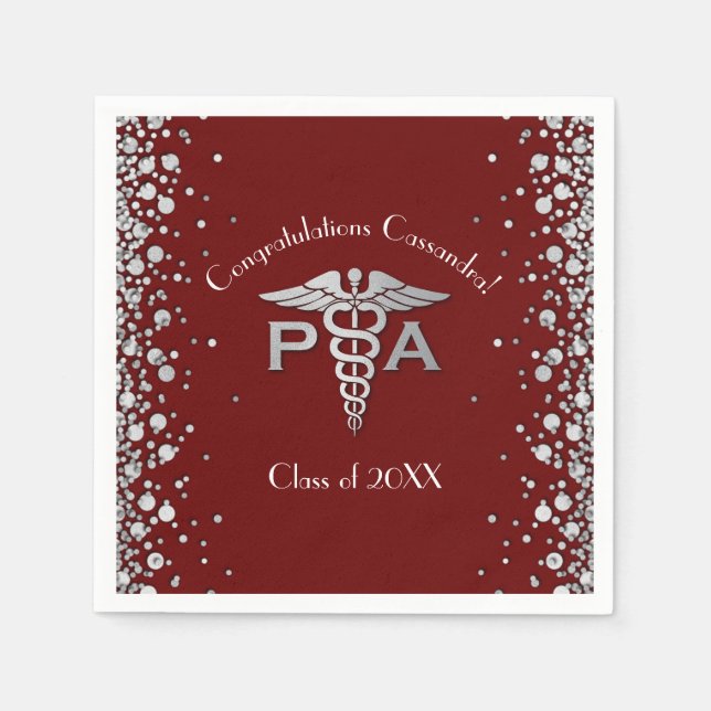 Physician Assistant PA Graduation Maroon Silver Napkins (Front)