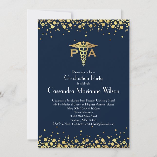 Physician Assistant PA Graduation Navy Blue Gold Invitation (Front)