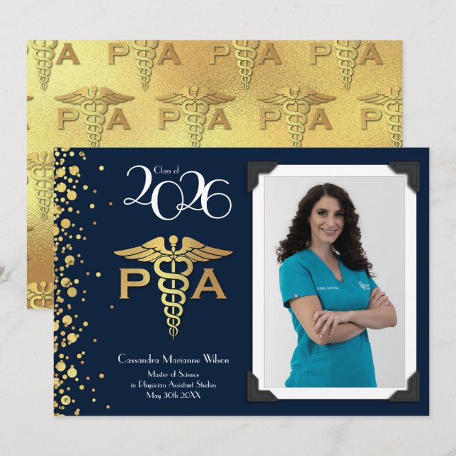 Physician Assistant PA Graduation Navy Blue Gold Invitation (Front/Back)