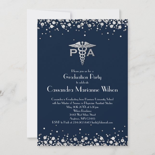 Physician Assistant PA Graduation Navy Blue Silver Invitation (Front)
