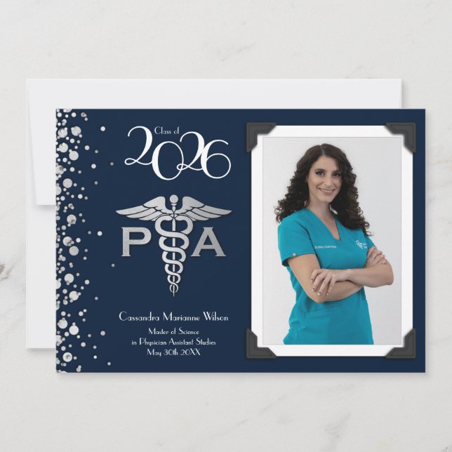 Physician Assistant PA Graduation Navy Blue Silver Invitation (Front)