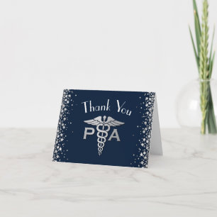 Physician Assistant PA Graduation Navy Blue Silver Letterpress Thank You Card