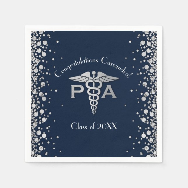 Physician Assistant PA Graduation Navy Blue Silver Napkins (Front)