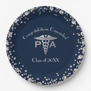 Physician Assistant PA Graduation Navy Blue Silver Paper Plates