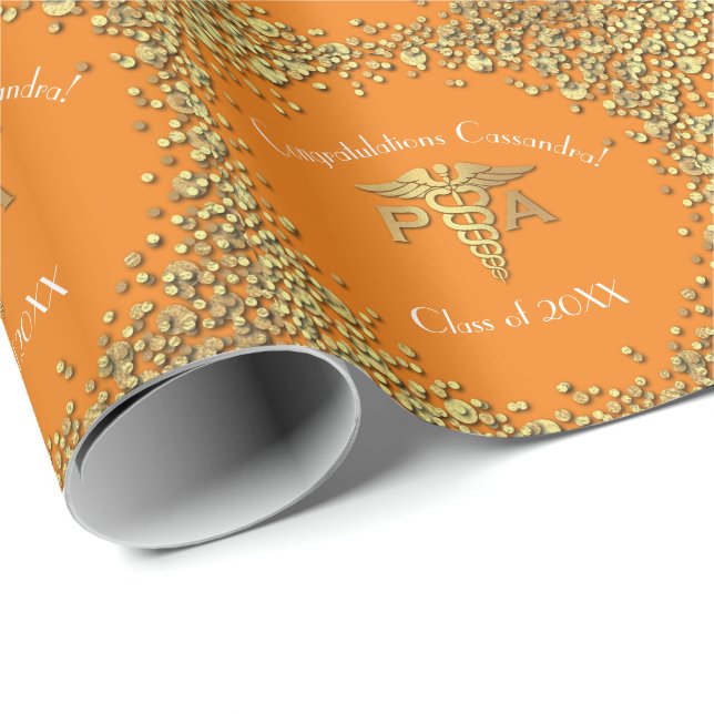 Physician Assistant PA Graduation Orange Gold Wrapping Paper (Roll Corner)