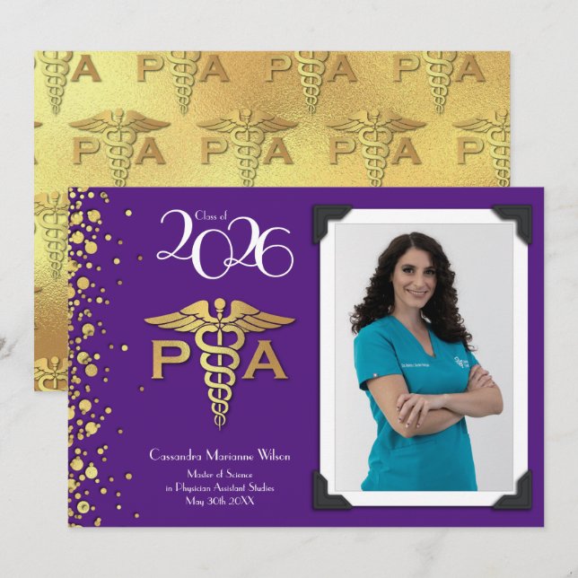 Physician Assistant PA Graduation Purple Gold Invitation (Front/Back)