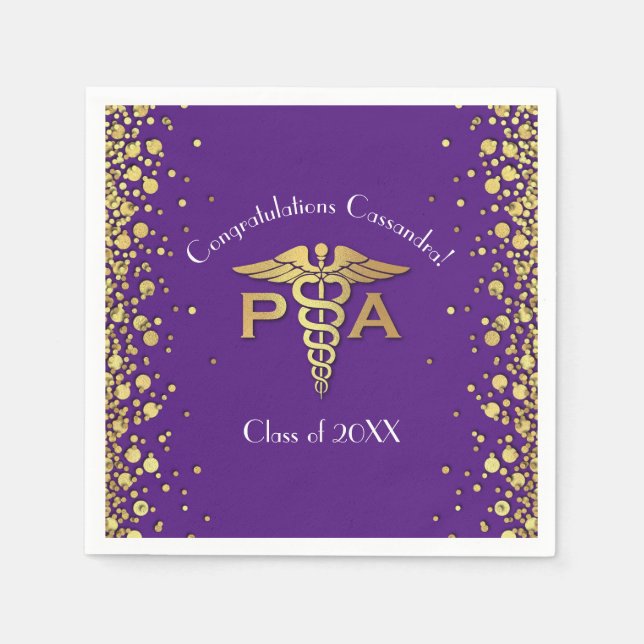 Physician Assistant PA Graduation Purple Gold Napkins (Front)