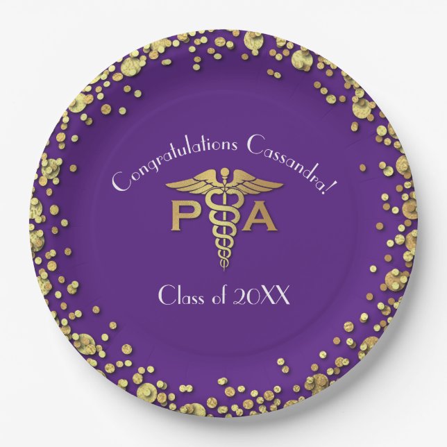 Physician Assistant PA Graduation Purple Gold Paper Plates (Front)