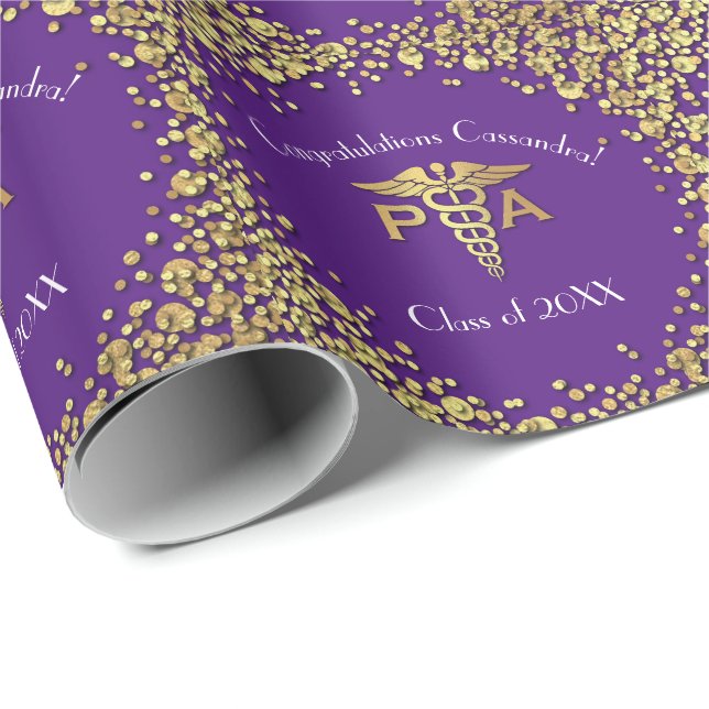 Physician Assistant PA Graduation Purple Gold Wrapping Paper (Roll Corner)
