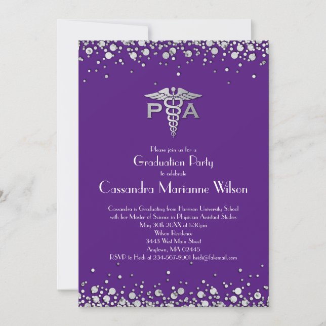 Physician Assistant PA Graduation Purple Silver Invitation (Front)