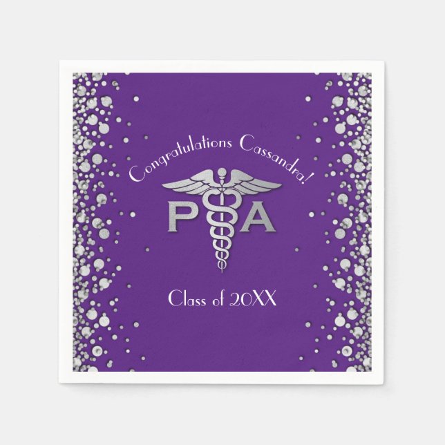 Physician Assistant PA Graduation Purple Silver Napkins (Front)