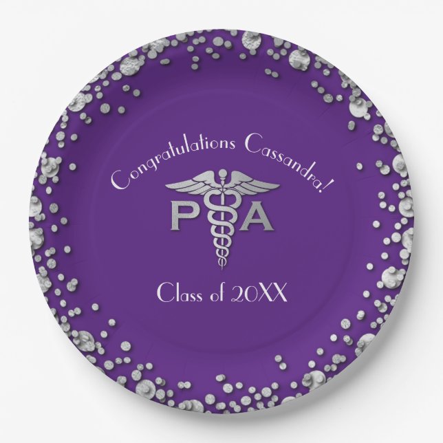 Physician Assistant PA Graduation Purple Silver Paper Plates (Front)