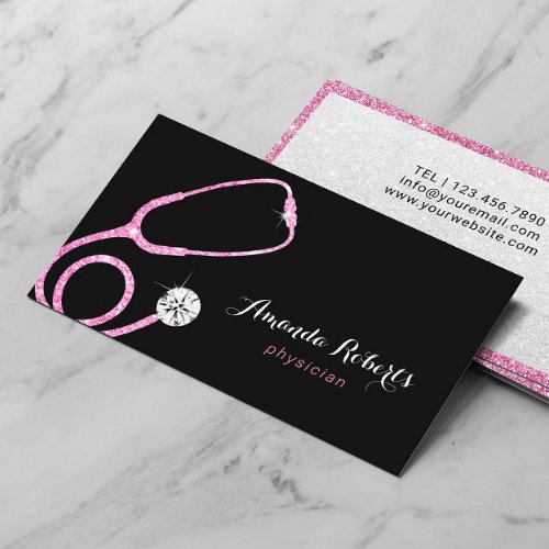 Physician Modern Pink Glitter Stethoscope Doctor Business Card