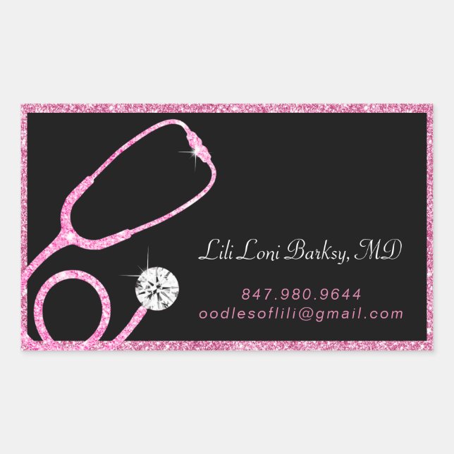 Physician Modern Pink Glitter Stethoscope Medical Rectangular Sticker (Front)