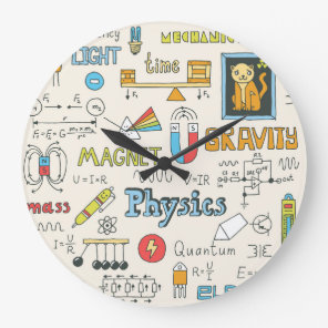 Physics concepts, hand-drawn vintage style. large clock