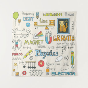 Physics concepts, hand-drawn vintage style. tapestry