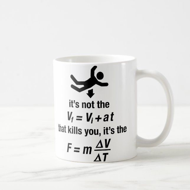 physics - it's the sudden deceleration that kills  coffee mug (Right)