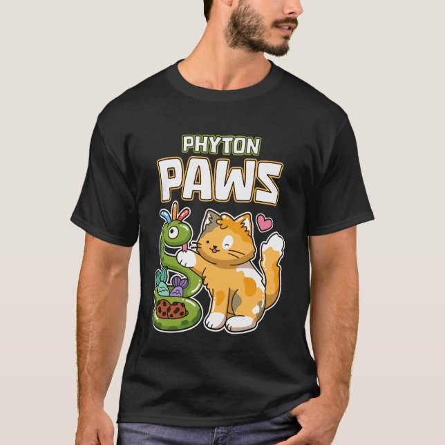 Phyton Paws Funny Cat Snake Python Programming Dev T-Shirt (Front)