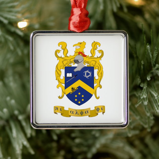 Pi Alpha Phi Fraternity Blue & Gold Coat of Arms Metal Ornament (Tree)