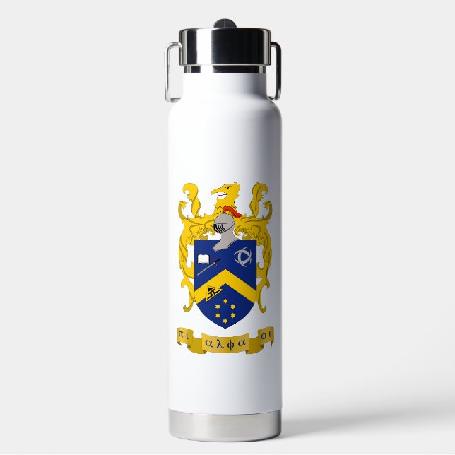 Pi Alpha Phi Fraternity Blue & Gold Coat of Arms Water Bottle (Front)