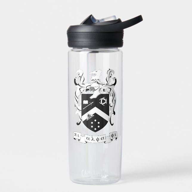 Pi Alpha Phi Fraternity Coat of Arms B&W Water Bottle (Left)