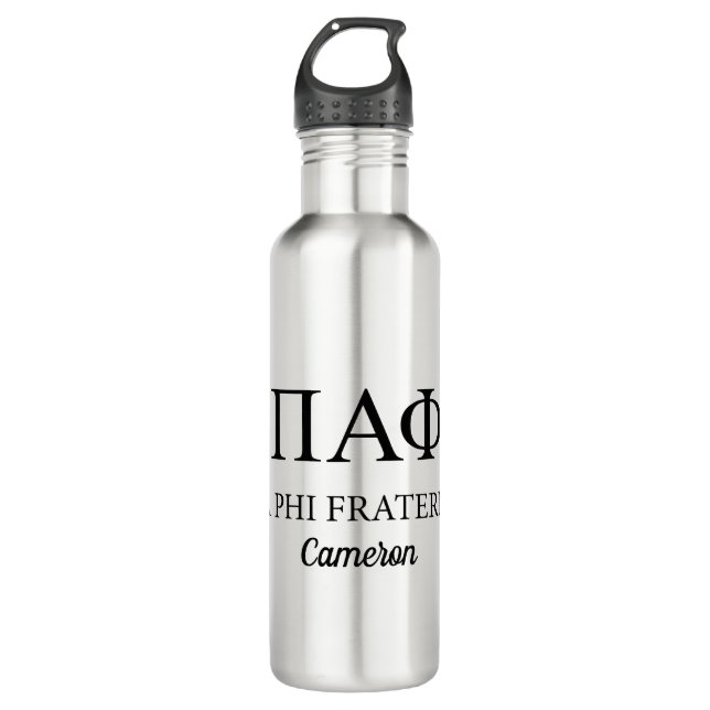 Pi Alpha Phi Fraternity Greek Letters & Wordmark Stainless Steel Water Bottle (Front)