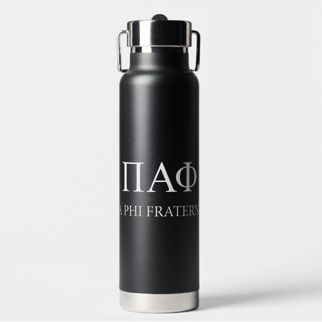 Pi Alpha Phi Fraternity Greek Letters & Wordmark Water Bottle (Front)