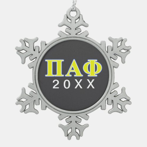 Pi Alpha Phi Yellow and Blue Letters Snowflake Pewter Christmas Ornament