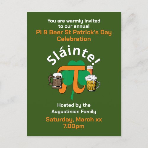 PI AND BEER ST PATRICKS DAY Invitation Postcard