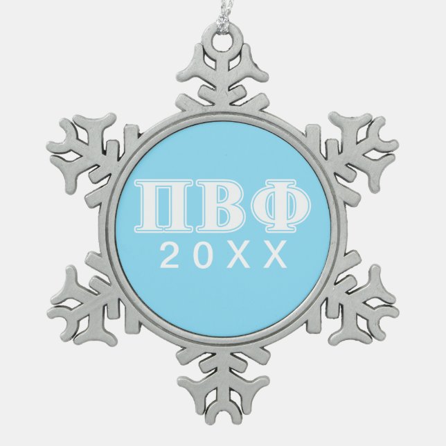 Pi Beta Phi White and Blue Letters Snowflake Pewter Christmas Ornament (Front)