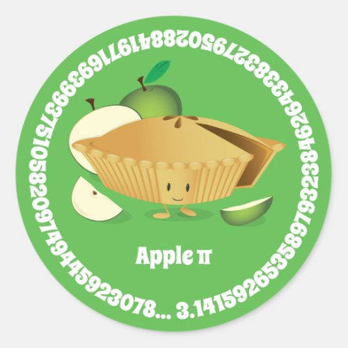 Pi Day Green Apple Pie Cartoon Character Numbers Classic Round Sticker