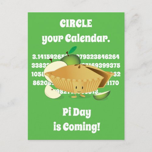 Pi Day Green Apple Pie Cartoon Character Numbers Postcard