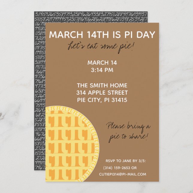 Pi Day Party Invitation w/ Pi Digits on Back! (Front/Back)