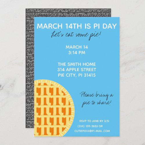 Pi Day Party Invitation w Pi Digits on Back