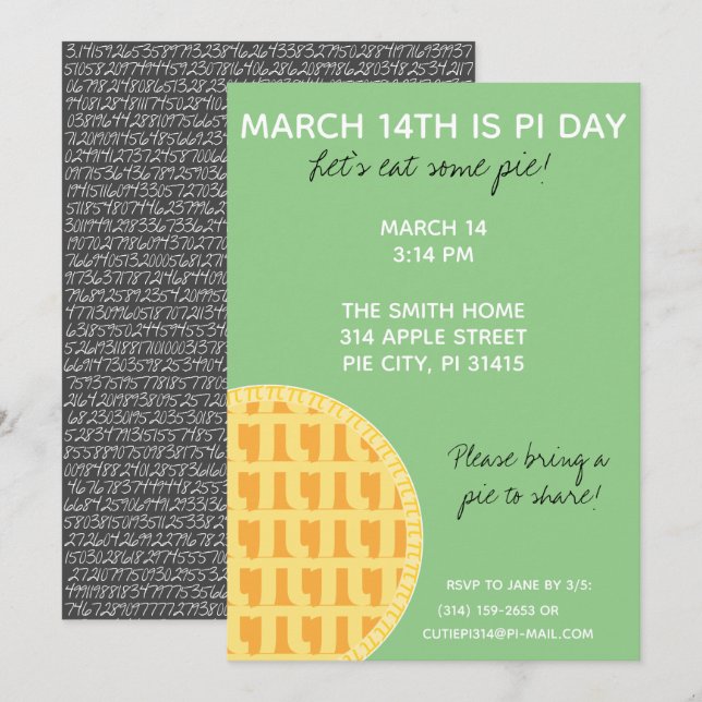 Pi Day Party Invitation w/ Pi Digits on Back! (Front/Back)